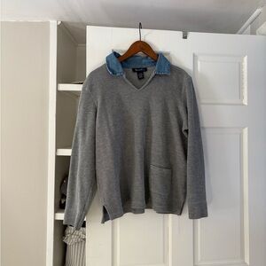 Denim&Co Gray V-Neck Top with Denim Collar